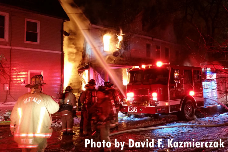 Firefighters on scene at a two-alarm blaze in Buffalo, New York.