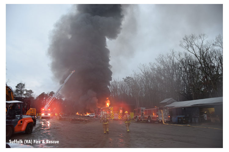 Suffolk (VA) firefighters respond to a fire at a recycling center.