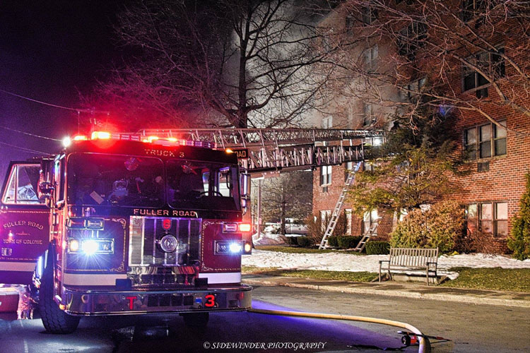 Fire apparatus at the scene of a major apartment fire in Colonie, New York.