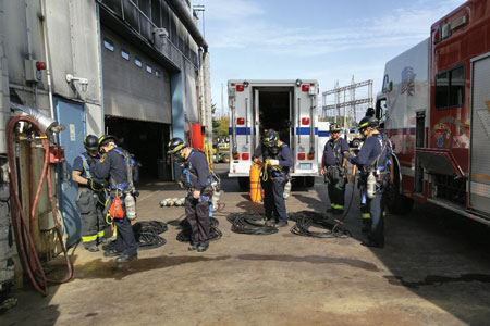 (1) Hamilton Twp. (NJ) Fire Department and Trenton (NJ) Fire Department special operations companies train together on confined space operations at a local generating station. (Photo by author.)