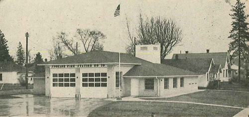 (2) Spokane’s new Station 10 has more room than it appears. Overall it measures 75 feet, 6 inches by 62 feet, 6 inches. At left of large apparatus floor (50 feet by 30 feet) is captain’s office (two beds), dormitory (eight beds). At rear is large washroom and toilet, utility room and kitchen. At right is the recreation room behind company alarm and station office. Building finished on the outside in sand colored brick veneer, and features overhead doors, heating by forced circulating hot water radiant panel using 1,000-gallon buried oil storage tank, and heating panel embedded in concrete floor slab.