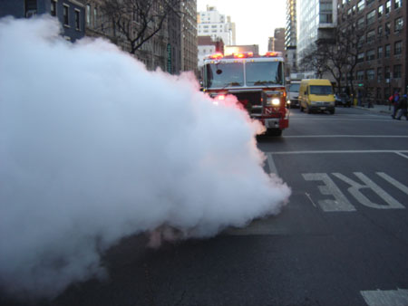 (2) Steam vapor coming up from the ground or from a manhole comes from a leaking piece of equipment or storm water runoff that has overwhelmed the drain and come in contact with the hot steam pipes. In a water or sewer main break, a large volume of water escaping underground can cause a steam main to fail, creating a very hazardous condition.  