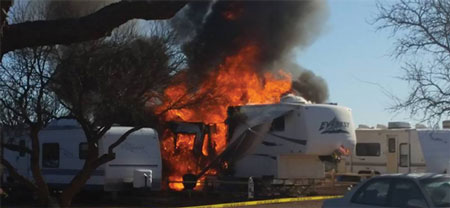 (10) This is a fifth wheel trailer that had a fire involving the kitchen area, most likely the refrigerator. <i>(Photos 10-11 courtesy of Mac the Fire Guy.) </i>