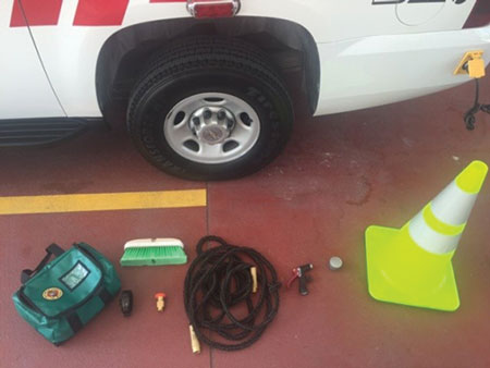 (5) Some of the equipment used in Palm Beach County (FL) Fire Rescue’s On-Scene Post-Fire Decon Procedure. [<i>Photos courtesy of Palm Beach County (FL) Fire Rescue.] </i>