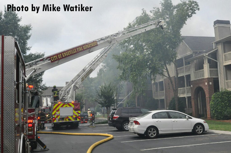 Fire apparatus at the scene of an apartment complex fire