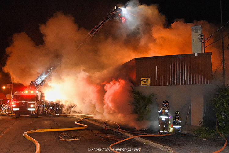 Aerial device in use at structure fire in Troy, New York