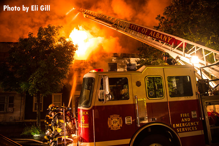 Fire apparatus at the scene of a house fire