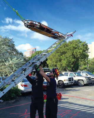 (2) The ladder pivot rescue. It is used when removing a patient from a second- or third-story window or the roof. 