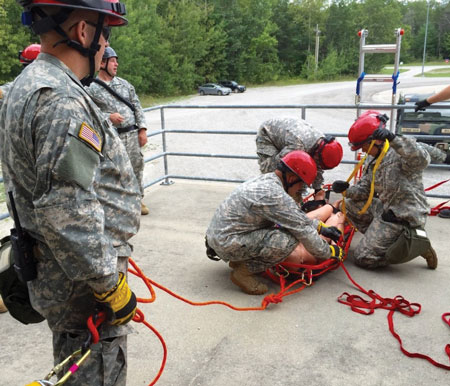 (7) Michigan National Guard rescuers secure the patient into the basket. The anchor is in line with the departure point. 