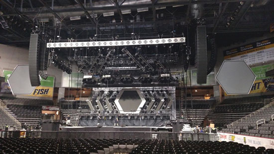 (3) Country star Jason Aldean’s fully set up stage at the Huntington Center before the performance.