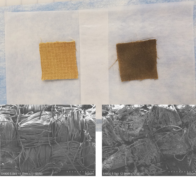 (1) Clean and soiled outer shell fabric swatches side by side with electron microscope photographs showing dirt particles embedded in the soiled swatch under extreme magnification. (Photo courtesy of the NIOSH National Personal Protective Technology Laboratory and Health Effects Laboratory Division.)