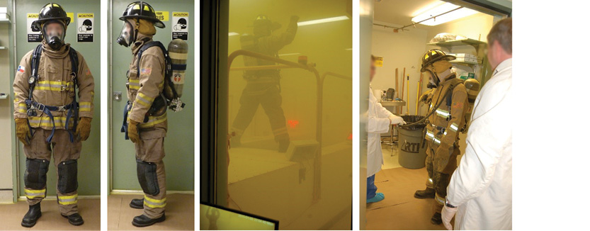 (1) The first two photographs on the left show the test subject wearing the firefighter protective ensemble; the third photograph shows the particle exposure chamber with the test subject performing overhead reach (several other exercises were performed over the 30-minute exposure period); the fourth photograph shows technicians decontaminating the exterior of the clothing prior to doffing. (Photos courtesy of RTI.)