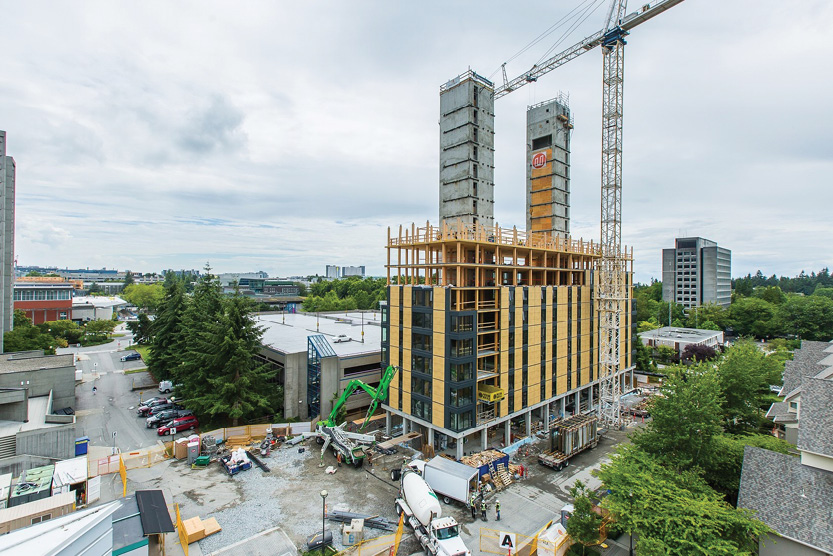 (4) The prefab building method used for mass timber made it possible for the Brock Commons building structure and envelope to go up in fewer than 70 days, an average of two stories per week.