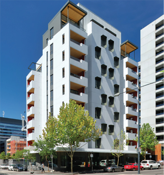 (4) The Forté building in Australia was the tallest timber building in the world at 10 stories until recently, when the Treet building in Norway, 14 stories, was constructed. (Photo by author.)