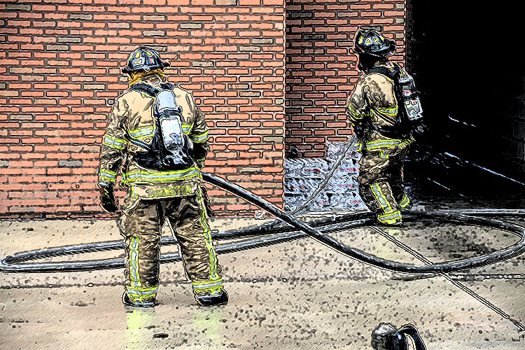 Firefighters managing a hoseline