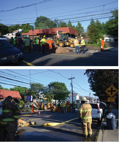 (4, 5) Fire officials and utility company representatives meet to discuss the status of the gas emergency in the street.