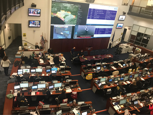 (9) Round-the-clock coordination being provided at the California State Operations Center at Cal OES Headquarters near Sacramento. (Photo by author.)