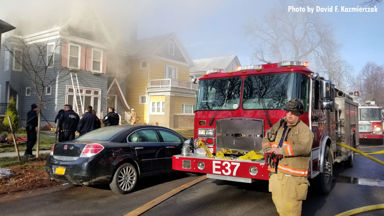 Fire apparatus at the scene of a dwelling fire in Buffalo