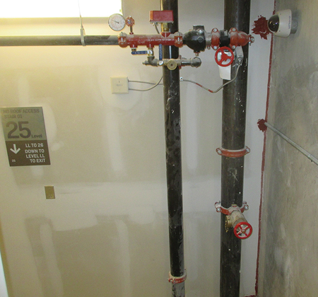 (9) There are just two risers above the ninth floor, the high-zone riser and the express drain riser. 