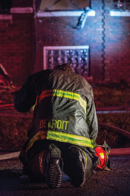 (5) At a 3 a.m. residential fire with people reported trapped, an aggressive fire attack, and searches, a firefighter falls to his knees in exhaustion in the street. So the community can fully understand it, we must show the weight on our firefighters’ shoulders.