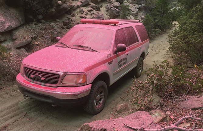 Never underestimate the length of the retardant drop, or you may return to your vehicle with a new paint job.