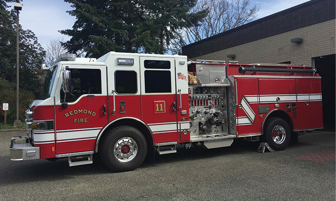 The Redmond (WA) Fire Department has added two pumpers and one aerial platform built by PIERCE. Lieutenant Steve Guenther says the pumpers are designed for general firefighting, to carry tools for fireground support and basic life support equipment for medical calls, and feature a foam system to enhance fire attack. Captain Drew Cassidy says the platform is part of a region deployment model and is used for traditional “truck work.” It carries a self-contained foam system for incidents requiring a short duration fire suppression.
