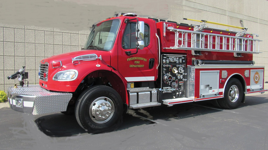 The Fredricksburg (IA) Fire Department designed this MIDWEST TANKER apparatus for pumper and water shuttle capacities. Chief Ray Armbrecht says it was purchased by the city and the rural fire board. It has a front bumper attack line for left, right, or front deployment with ease of repacking. The front-mounted monitor (with pump-and-roll capability) allows for fighting a field or ditch fire without employing equipment off the vehicle.
