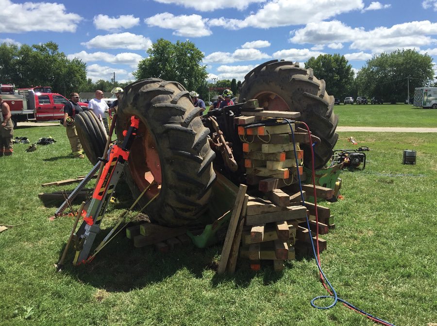 This upside-down tractor has been stabilized.