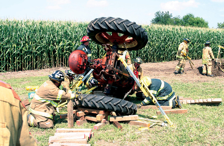 This tractor had to be stabilized on its side.