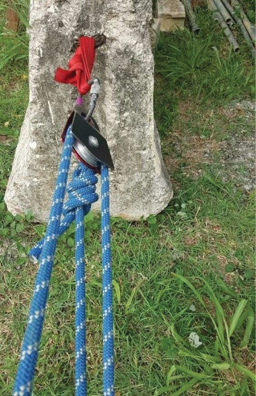 A simple 3:1 haul system is attached to a concrete barrier, which will be moved. The length of the rope will be three times the distance between the load and the anchor. In this operation, the haul will occur after the friction with the ground is reduced by placing lumber and steel rollers under the concrete.