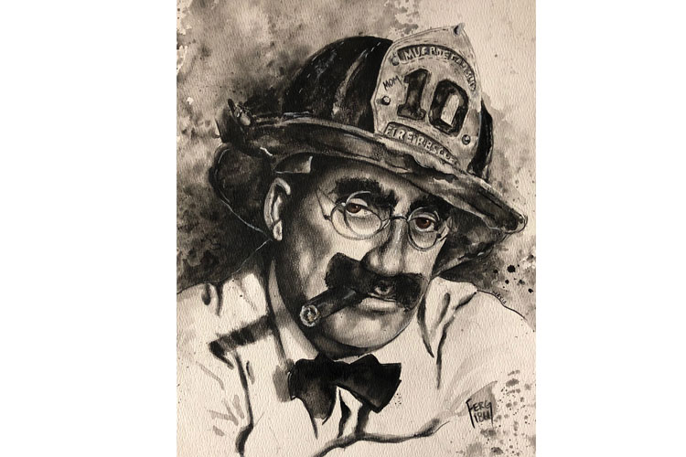 Groucho Marx wearing a fire helmet