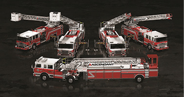 The Pierce ASCENDANT CLASS of aerial apparatus includes a 107-foot aerial ladder available in single- or tandem-rear axle configurations and a 107-foot tractor-drawn aerial. These aerial ladders feature tip load capacities of 750 pounds (dry) and 500 pounds (wet) as well as an additional 100 pounds of equipment allowance at the tip. In addition, the Ascendant class is available in 110-foot single- or tandem rear axle aerial platform configurations that feature a remarkable 110-foot vertical reach and a 90-foot horizontal reach. The Ascendant aerial platform achieves the same tip load capacities as the aerial ladders.