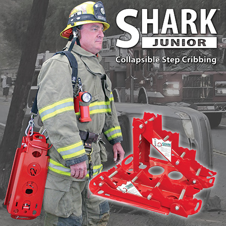 Rescue 42’s new SHARK™ JUNIOR COLLAPSIBLE STEP CHOCKS are designed specifically for first-due apparatus like engines and pumpers to quickly stabilize a vehicle. They stand 12 inches tall, nest together for ultra-compact storage, and include a shoulder strap for easy carrying. Interfaces seamlessly with the TeleCrib® Junior struts to provide quick stabilization for extrication and safe patient care.