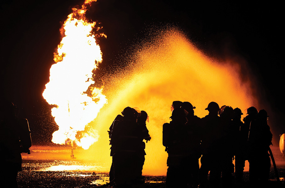 Municipal firefighters train on liquefied petroleum gas fire control to become more familiar with the behavior of light end gases when released under high pressure. (Photos by Matthew Ison Photography.) 