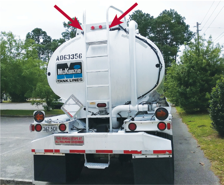 From the rear, note the elliptical shape, the ladder, and the vapor recovery piping. This tanker has baffle holes in the 3 and 6 o’clock positions, as indicated by the black dots. This allows liquid to flow to both sides of the baffle when the tanker is on its side. Also note the water drain hoses (arrows) connected to the hollow ladder rail, as described previously.  