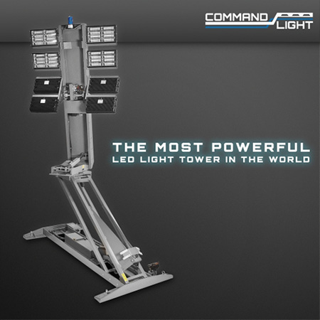 Meet the most powerful light tower on the market today—the COMMAND LIGHT CL SERIES CL802AA-W4, featuring eight PFP4 fixtures, for a whopping 240,000-lumen output. This eight-head monster can rotate virtually any direction, even angling into a streetlight position. Plus, with optional backlighting, crews can illuminate both sides of the scene by rotating four of the lights 180°. 