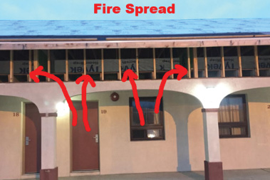 One-story motel fires will spread right to left. If these fires progress past the room-and-contents phase, the roof may have to be opened