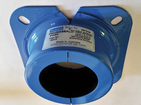 An example of the intumescent fire collar. It is placed around utility pipe passing through a wall or floor. When exposed to fire, the lining of the collar swells, sealing the opening. The material will eventually char, forming a protective seal, limiting flame and fire gas travel.