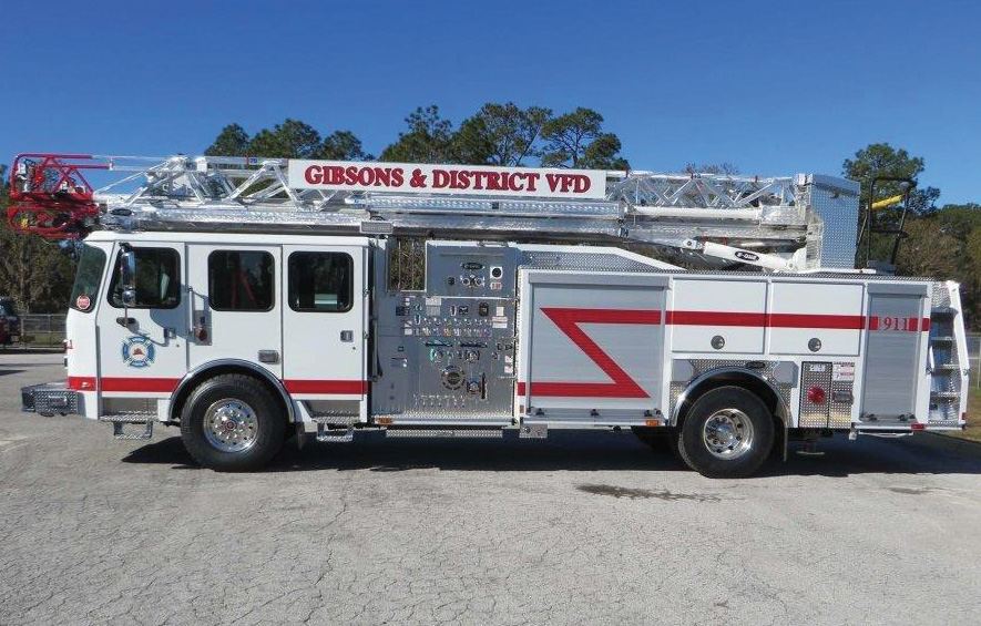 The Gibsons & District (British Columbia, Canada) Volunteer Fire Department uses this E-ONE quint as an engine with aerial capability.