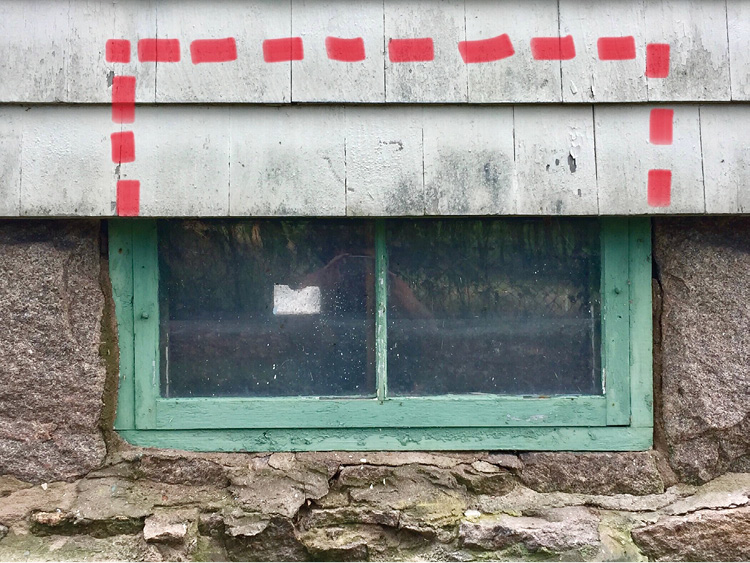 A small basement window. The red dashes show where to cut for a window enlargement. (Photos by author unless otherwise noted.)