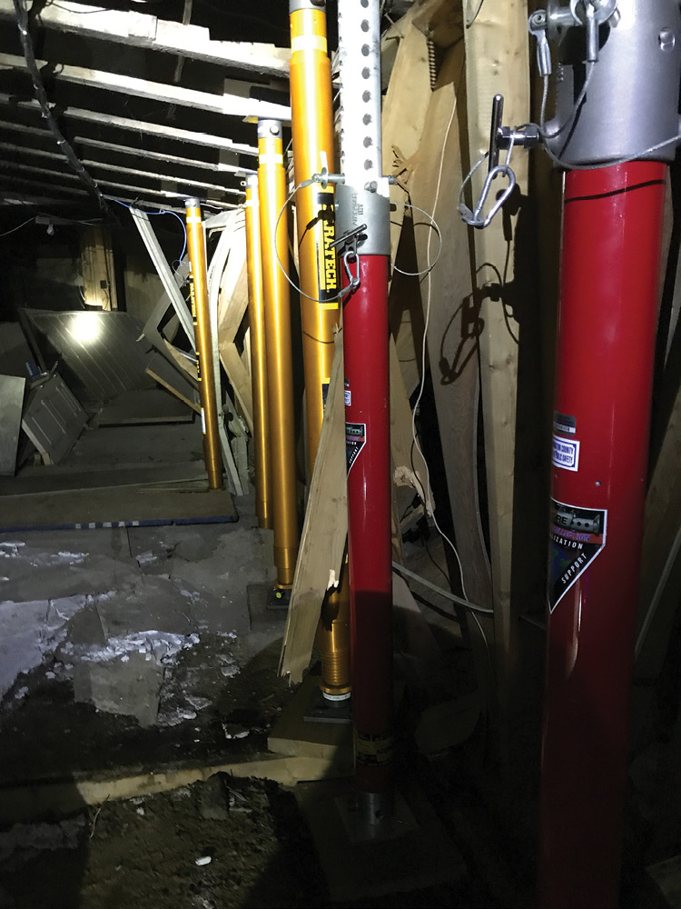 Temporary vertical shoring in the basement of the collapsed structure. (Photo by John Soderberg.) 