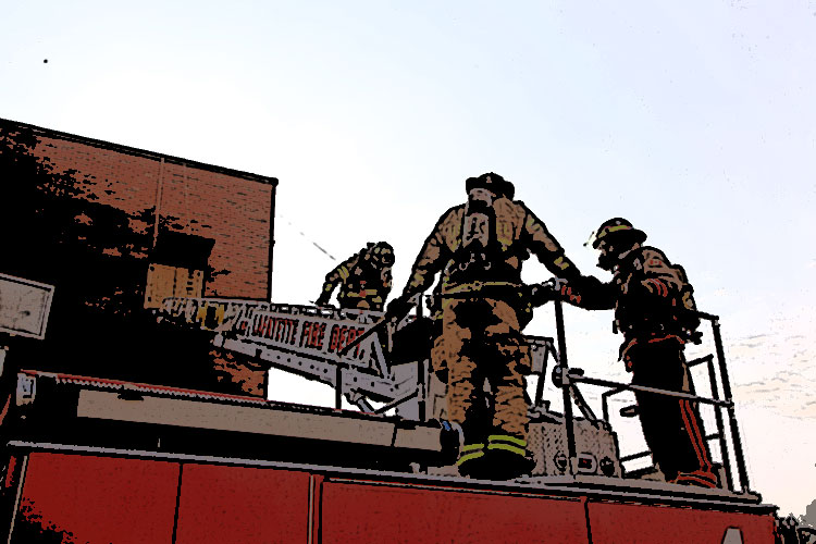 Firefighters on an aerial ladder