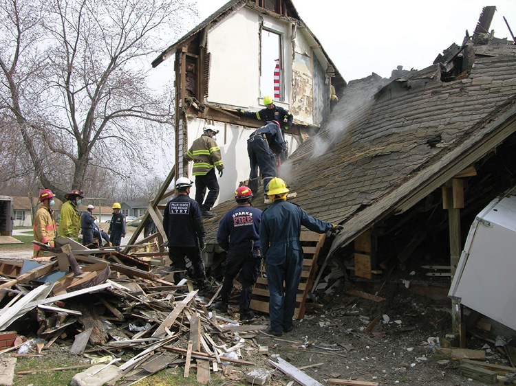 (1) A structure can collapse for many reasons, possibly trapping occupants in voids created during the collapse. Some victims may still be on or near the surface, lightly entrapped, and accessible to first responders. It could take special training and equipment to rescue those trapped in the voids. (Photos by author.)