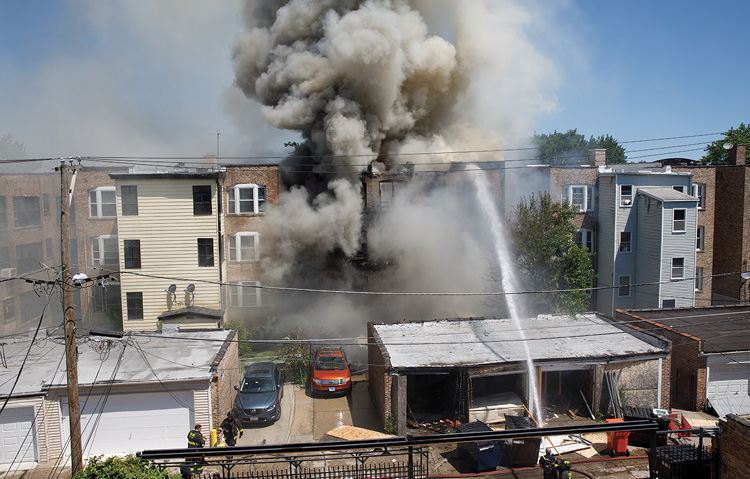 (6) Members are now operating a 21⁄2-inch hoseline over the roof of the one-story detached garage. This is going to be a prolonged operation, and relief is going to be required. 