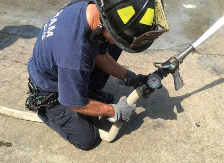 It is important for rural engine companies to use hose and nozzles that match. (2) This firefighter is battling a hose and nozzle combination that does not match.