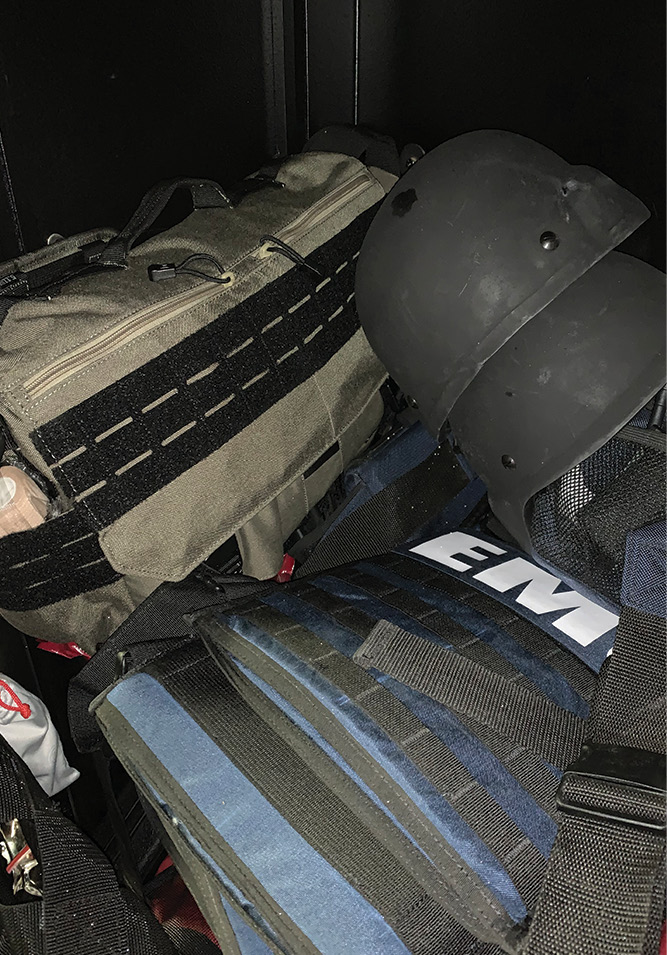 The bag easily fits with the tactical vest and helmet cache. 