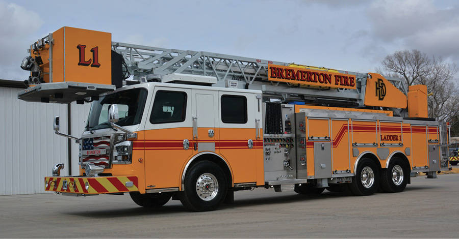 The Bremerton (WA) Fire Department responds with this ROSENBAUER platform as a ladder company with pump capabilities to all fire, rescue, emergency medical services, and any other type emergencies, says Interim Chief Patrick McGanney.