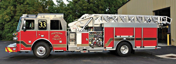 The Lexington County (SC) Fire Service uses this SUTPHEN quint to respond to all types of alarms including first responder calls, says Deputy Chief of Administration David Fulmer. The unit is housed with an advanced life support unit and rides as a quint. Its mid-mount design affords a low travel height and center of gravity. It has greater maneuverability and access to tight areas, and the single-scissor outriggers provide quick setup and durability.