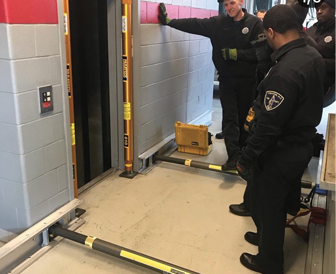 Rescue companies often train for high-risk/low-frequency elevator rescues that involve “blind shafts” that do not have openings on each building floor and other hoistway emergencies. [Photo by Captain Michael Burzachiello, Trenton (NJ) Rescue One.]