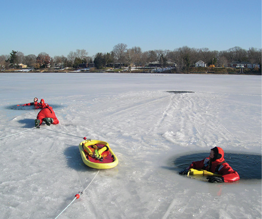 Multivictim, multihole training using the TeamLGS leapfrogging procedures. The tech passed the flotation sling to a self-rescue capable victim while moving rapidly to alert victims who are higher priority on the victim triage scale.